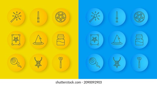 Set line Eye, Ancient magic book, Witch hat, Magic wand, Bottle with potion, Pentagram in circle and  icon. Vector
