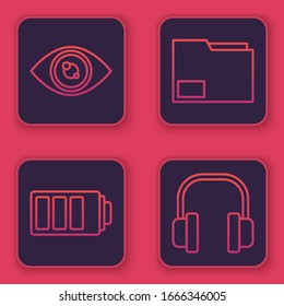 Set line Eye, Battery charge level indicator, Document folder and Headphones. Blue square button. Vector