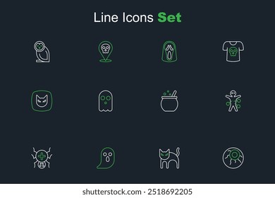 Set line Eye, Black cat, Ghost, Spider, Voodoo doll, Halloween witch cauldron,  and  icon. Vector