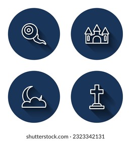 Set line Eye, Castle, Moon and stars and Tombstone with cross with long shadow. Blue circle button. Vector