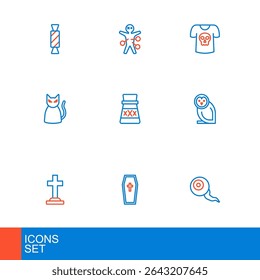Set line Eye, Coffin with christian cross, Tombstone, Owl bird, Black cat, Bottle potion, Shirt skull and Voodoo doll icon. Vector