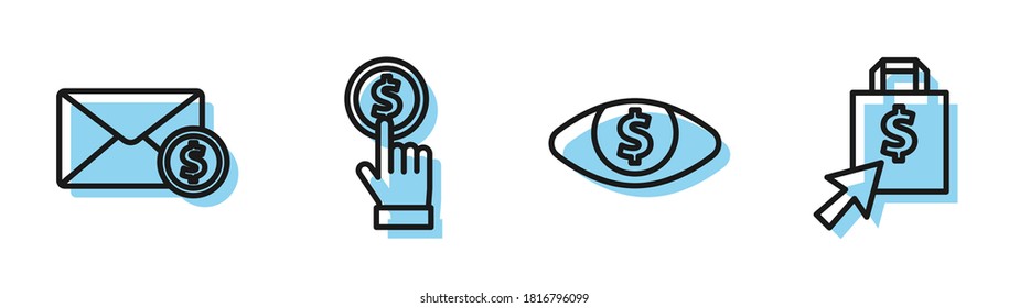 Set line Eye with dollar, Envelope with coin dollar, Hand holding coin and Shoping bag and dollar icon. Vector