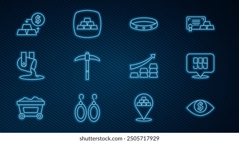 Set line Eye with dollar, Gold bars 24k, ring, Pickaxe, Molten gold being poured, exchange money, Growth arrow and  icon. Vector
