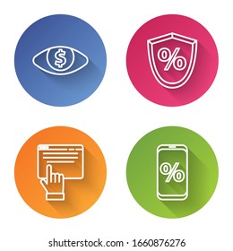 Set line Eye with dollar, Loan percent, Online shopping on screen and Percent discount and mobile. Color circle button. Vector