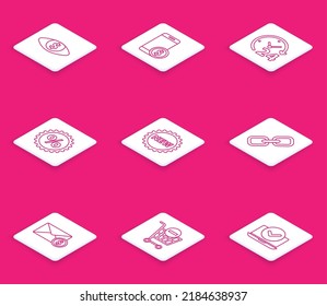 Set line Eye with dollar, Smartphone, Clock 24 hours, Discount percent tag, Price New, Chain link, Envelope coin and Remove shopping cart icon. Vector
