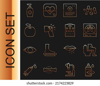 Fijar línea Frasco de gota ocular, Estreñimiento, Rayos X de pulmones, Registro clínico, Dolor articular, dolor de rodilla, Apple, jabón antibacteriano líquido e icono de la tabla de pruebas. Vector