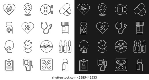 Set line Eye drop bottle, Medical vial, ampoule, Medicine and pills, Hospital signboard, Healed broken heart, Heart rate and Stethoscope icon. Vector