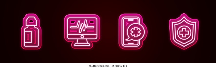 Set line Eye drop bottle, Monitor with cardiogram, Emergency phone call and Life insurance in hand. Glowing neon icon. Vector