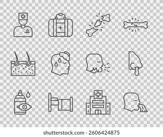 Set line Eye drop bottle, Vomiting man, Human broken bone, Hospital bed, Male doctor, High human body temperature, Medical hospital building and Runny nose icon. Vector