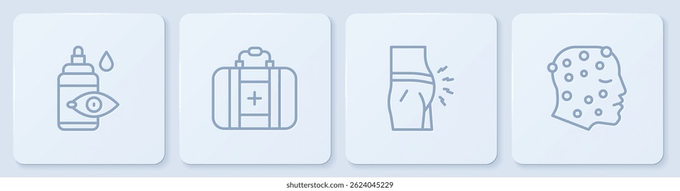 Set line Eye drop bottle, Abdominal bloating, First aid kit and Psoriasis or eczema rash. White square button. Vector