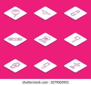 Set line Eye, Flying bat, Bottle with potion, Candy, Tombstone RIP, Wooden axe, Coffin christian cross and Meat chopper icon. Vector
