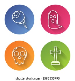 Set line Eye , Ghost , Skull  and Tombstone with cross . Color circle button. Vector