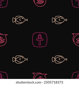 Set line Eye of Horus, Butterfly fish and Cross ankh on seamless pattern. Vector