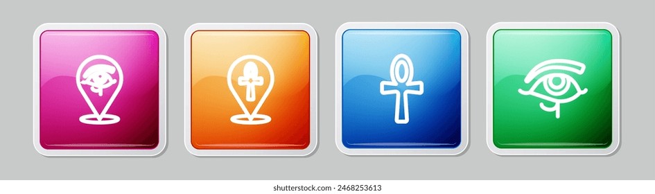 Set line Eye of Horus, Cross ankh,  and . Colorful square button. Vector