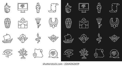 Línea Eye of Horus, símbolo egipcio Sol alado, collar, momia, casa, sarcófago, anubis e ícono de loto. Vector