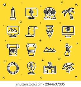 Set line Eye of Horus, Hookah, on monitor, Sphinx, Papyrus scroll, Egypt pyramids, Obelisk Alexandria and Egyptian vase icon. Vector