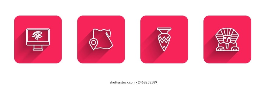 Set line Eye of Horus on monitor, Map Egypt, Egyptian vase and Sphinx with long shadow. Red square button. Vector