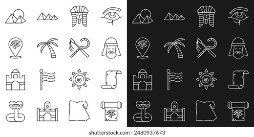 Set line Eye of Horus on papyrus scroll, Papyrus, Egyptian man, pharaoh, Tropical palm tree, pyramids and Crook and flail icon. Vector