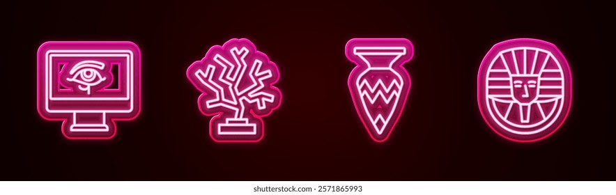 Set line Eye of Horus on monitor, Coral, Egyptian vase and pharaoh. Glowing neon icon. Vector