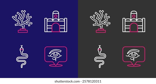 Set line Eye of Horus, Snake, Egyptian house and Coral icon. Vector