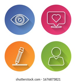 Set line Eye, Like and heart, Pencil with eraser and Add to friend. Color circle button. Vector