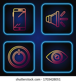 Ajuste la línea Ojo, Botón de encendido, Smartphone, teléfono móvil y volumen del altavoz. Iconos de color degradado. Vector