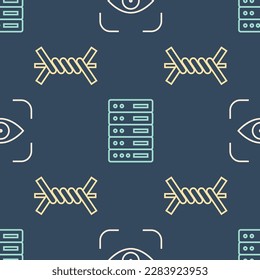 Set line Eye scan, Barbed wire and Server, Data, Web Hosting on seamless pattern. Vector