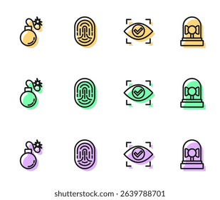 Set line Eye scan, Bomb, Fingerprint and Ringing alarm bell icon. Vector