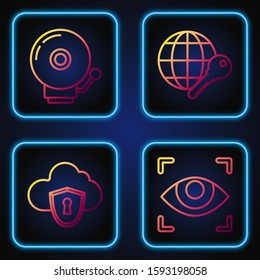 Set line Eye scan , Cloud and shield, Ringing alarm bell  and Globe key . Gradient color icons. Vector