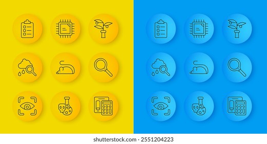 Set line Eye scan, Cloud with rain, Experimental mouse, Calculator, Magnifying glass, To do list planning, Plant breeding and Processor CPU icon. Vector