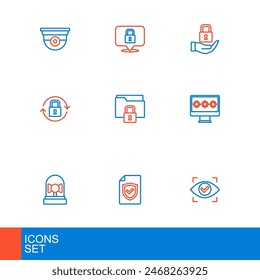 Set line Eye scan, Contract with shield, Ringing alarm bell, Monitor password, Lock, Folder and lock,  and  icon. Vector