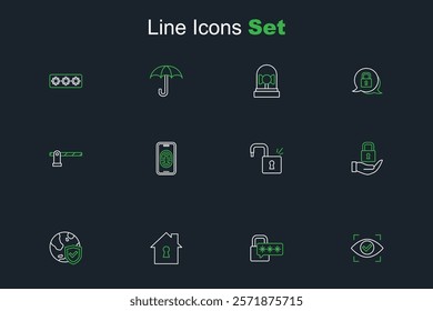 Set line Eye scan, Cyber security, House under protection, Shield with world globe, Lock, Open padlock, Mobile fingerprint scanner and Parking car barrier icon. Vector