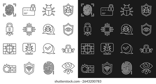 Definir linha Exame de olho, Segurança cibernética, Escudo e olho, Bug do sistema, Processador com microcircuitos CPU, Impressão digital e ícone. Vetor