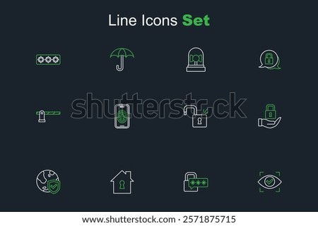 Set line Eye scan, Cyber security, House under protection, Shield with world globe, Lock, Open padlock, Mobile fingerprint scanner and Parking car barrier icon. Vector