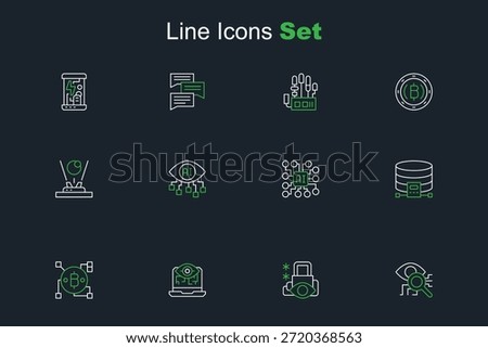 Set line Eye scan, Cyber security, Computer vision, Blockchain technology Bitcoin, Cloud database, Neural network,  and Hologram icon. Vector