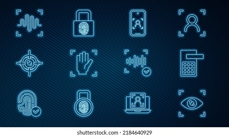 Set Line Eye Scan, Digital Door Lock, Mobile And Face Recognition, Palm Print, Voice,  And Fingerprint With Icon. Vector