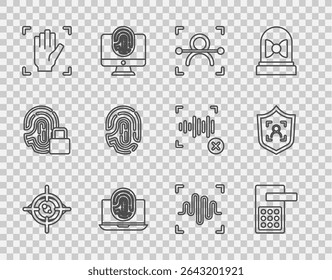 Escaneo de ojos, cerradura de puerta digital, reconocimiento facial, computadora portátil con huella digital, palma, huella digital, voz y escudo icono facial. Vector