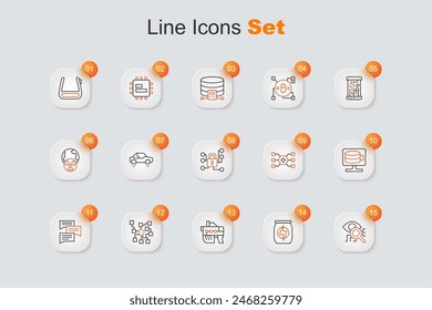 Set line Eye scan, Energy drink, Futuristic weapon, Neural network, Speech bubble chat, Cloud database,  and Cyber security icon. Vector
