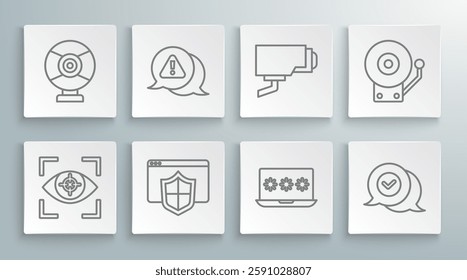Set line Eye scan, Exclamation mark in triangle, Browser with shield, Laptop password, Check speech bubble, Security camera, Ringing alarm bell and  icon. Vector