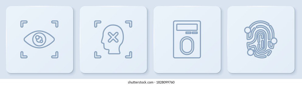 Ajuste la línea Exploración de ojos, Huella digital con bloqueo, Reconocimiento de la cara de rechazo y . Botón cuadrado blanco. Vector