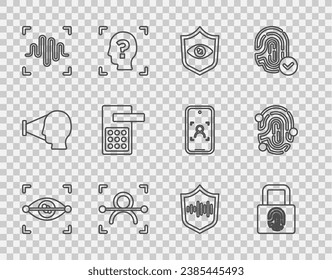 Set line Eye scan, Fingerprint with lock, Shield eye, Face recognition, Voice, Digital door, voice and  icon. Vector