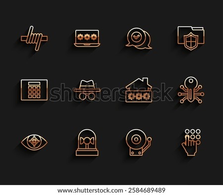 Set line Eye scan, Flasher siren, Barbed wire, Ringing alarm bell, Password protection, Incognito mode, Smart key and House with password icon. Vector