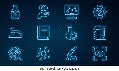 Set line Eye scan, Height geometrical figure, Genetic engineering, Science book, Experimental mouse, Medicine bottle and pills, Test tube and Atom icon. Vector