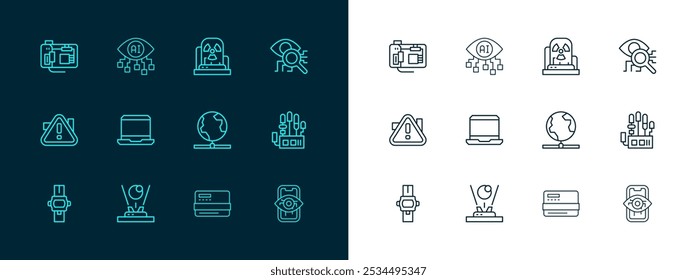 Escaneo ocular, holograma, tecnología global, tarjeta de crédito, computadora portátil, lámpara de advertencia radiactiva, placa base e icono de visión por computadora. Vector