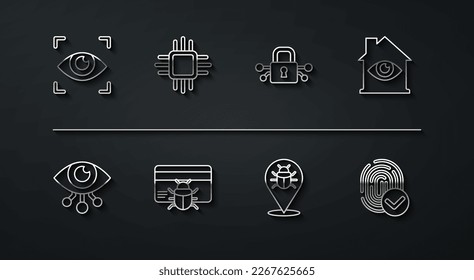 Set line Eye scan, House with eye, System bug, in credit card, Processor microcircuits CPU, Fingerprint and Cyber security icon. Vector