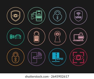 Escaneo de ojos, computadora portátil con Contraseña, castillo en forma de corazón, por favor no molestar, sistema de alarma de coche inteligente, escudo y ojo, ojo de cerradura e ícono de seguridad. Vector