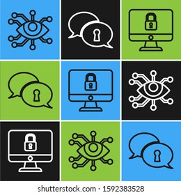 Set line Eye scan , Lock on computer monitor screen and Protection of personal data  icon. Vector