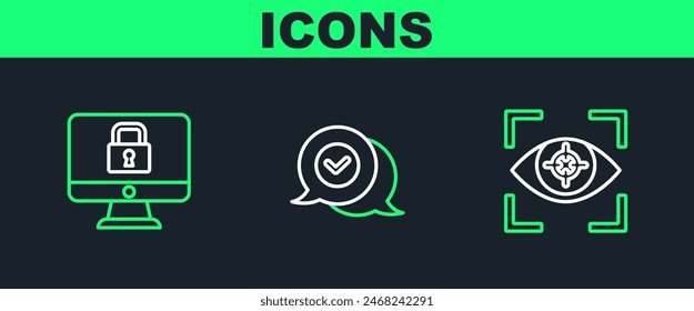 Ajuste la línea Escaneo ocular, Bloqueo en el monitor y Marca de verificación en el icono de burbuja de voz. Vector