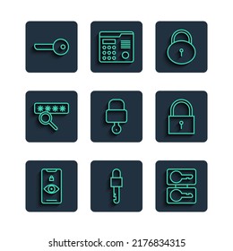 Set line Eye scan, Locked key, Casting keys, and, Password protection, Key and  icon. Vector
