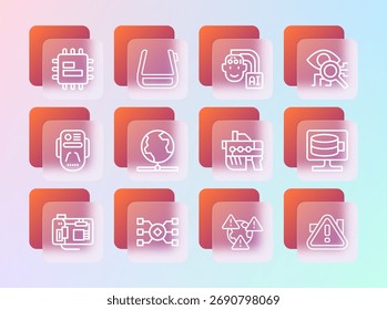 Definir linha Exame de imagem, Rede neural, Arma futurista, Terra com ponto de exclamação, Tecnologia global, Robô humanoide, CPU do processador e ícone de óculos inteligentes. Vetor
